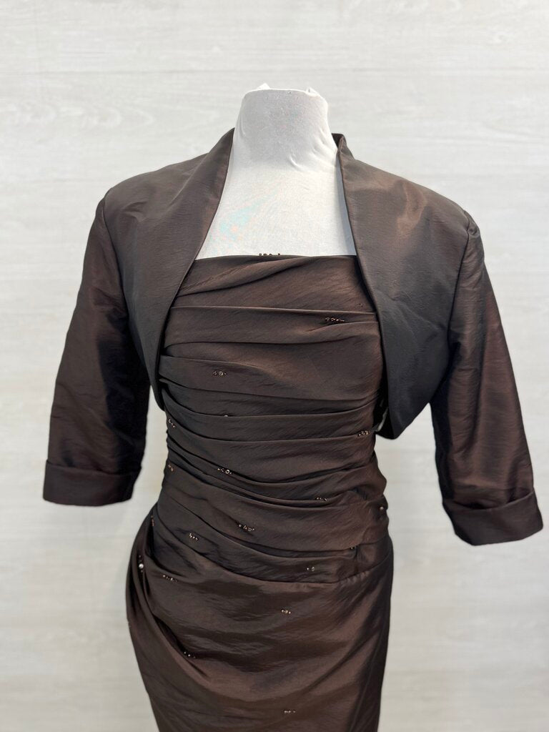 Private Label Occasion Brown Ruched Top Strapless Long Formal Dress With Jacket 6