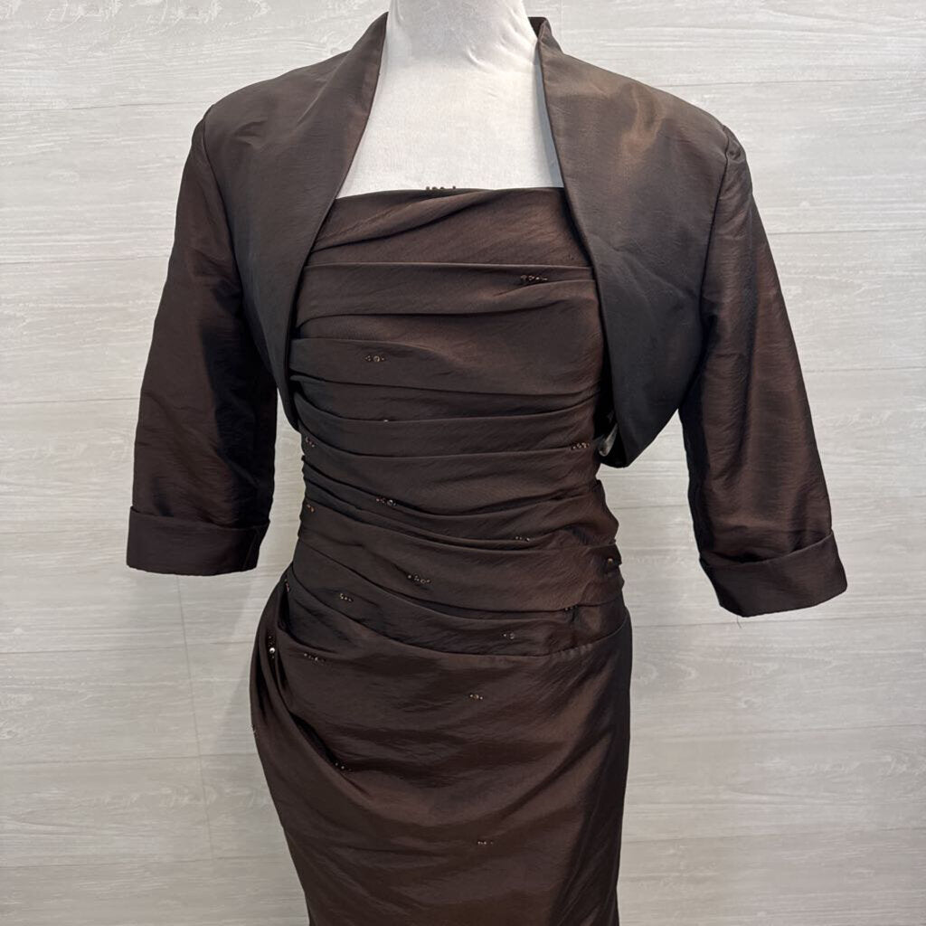 Private Label Occasion Brown Ruched Top Strapless Long Formal Dress With Jacket 6