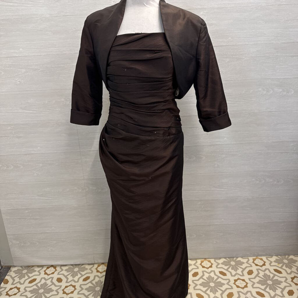Private Label Occasion Brown Ruched Top Strapless Long Formal Dress With Jacket 6