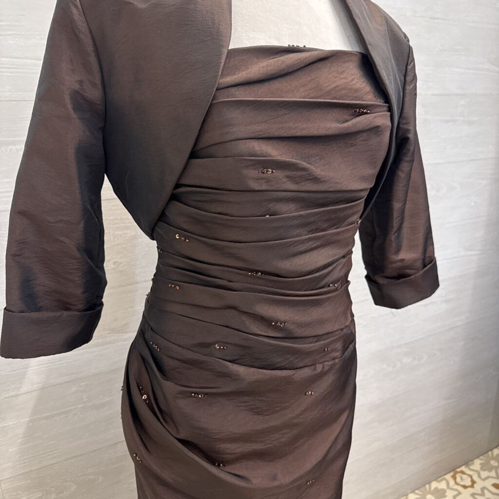 Private Label Occasion Brown Ruched Top Strapless Long Formal Dress With Jacket 6