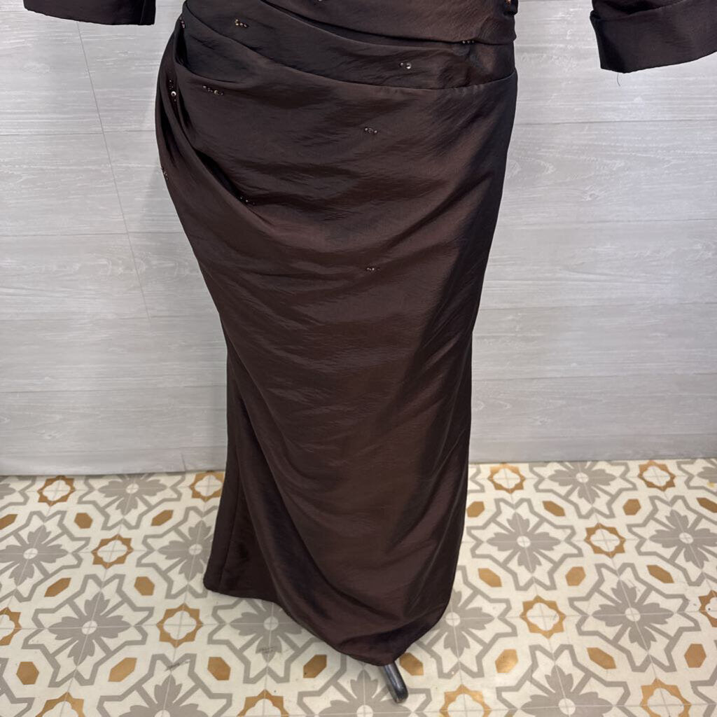 Private Label Occasion Brown Ruched Top Strapless Long Formal Dress With Jacket 6