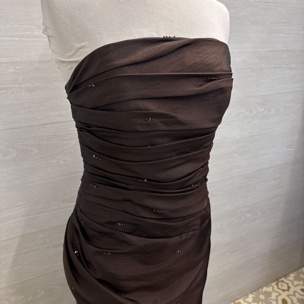 Private Label Occasion Brown Ruched Top Strapless Long Formal Dress With Jacket 6