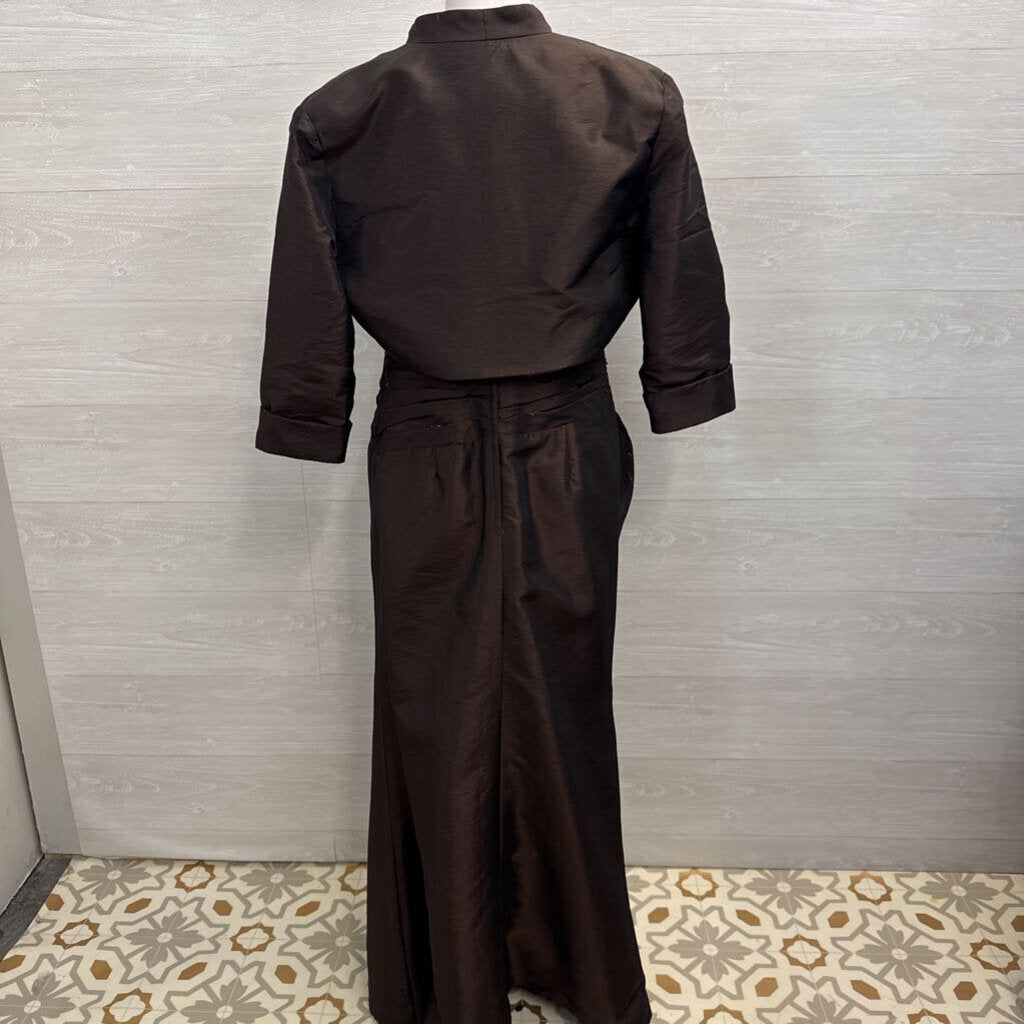 Private Label Occasion Brown Ruched Top Strapless Long Formal Dress With Jacket 6