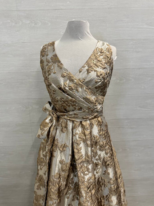 Donna Karan Gold Metallic Floral Print V Neck A Line Long Formal Dress 8