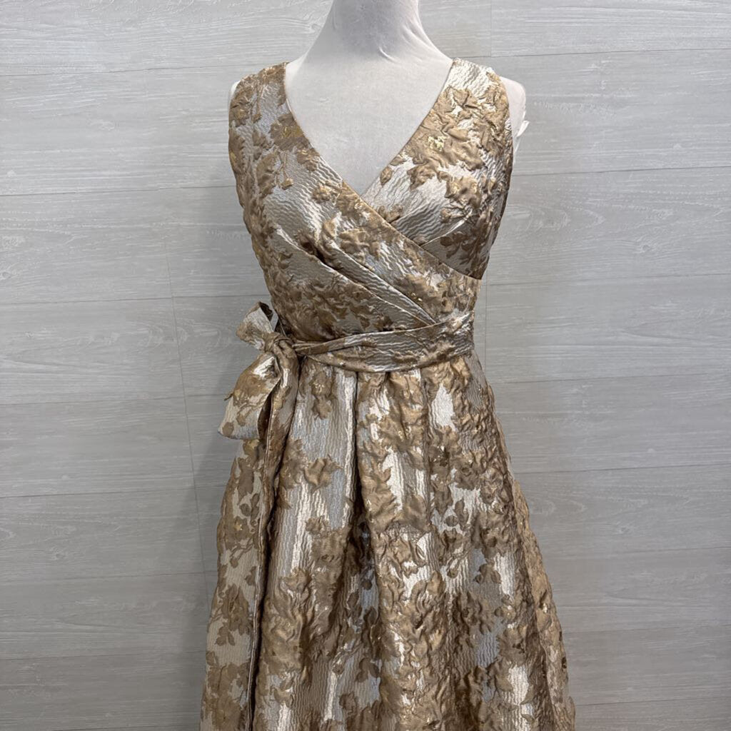 Donna Karan Gold Metallic Floral Print V Neck A Line Long Formal Dress 8