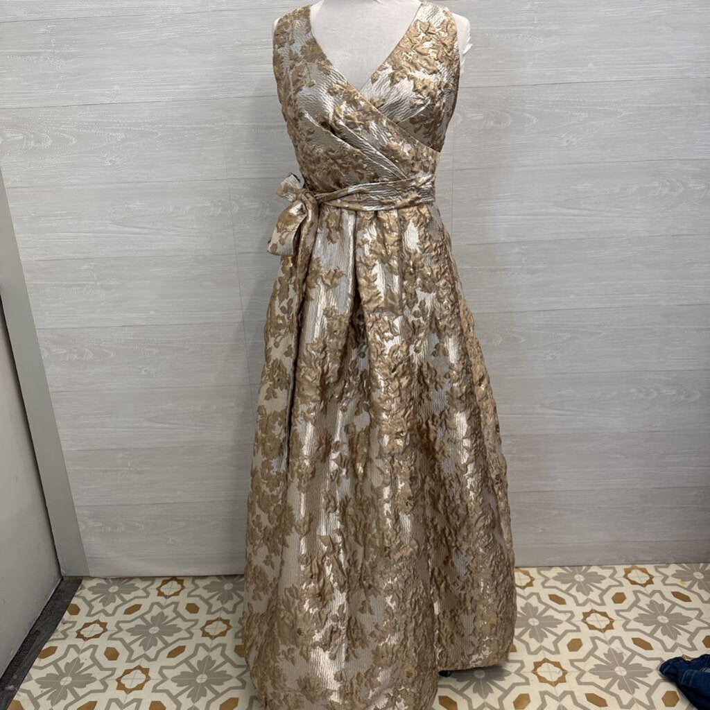 Donna Karan Gold Metallic Floral Print V Neck A Line Long Formal Dress 8