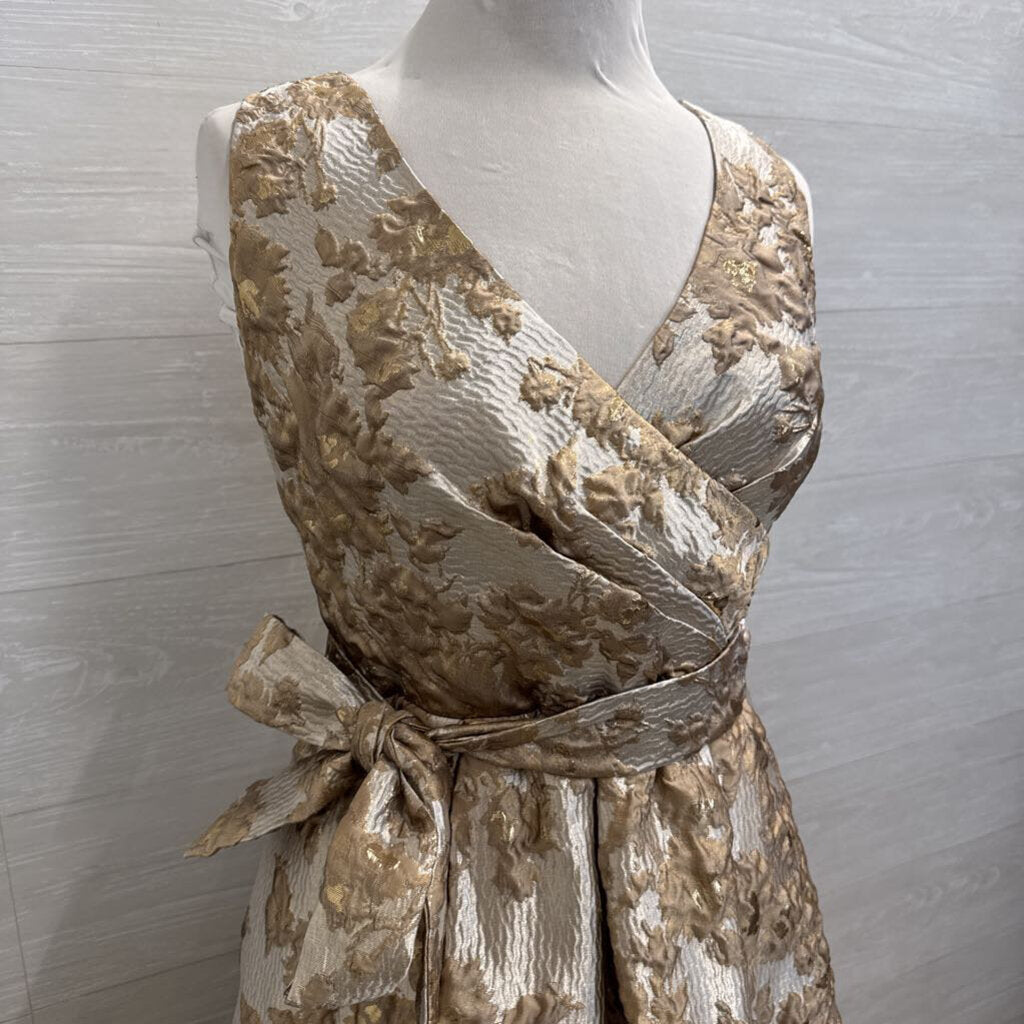Donna Karan Gold Metallic Floral Print V Neck A Line Long Formal Dress 8