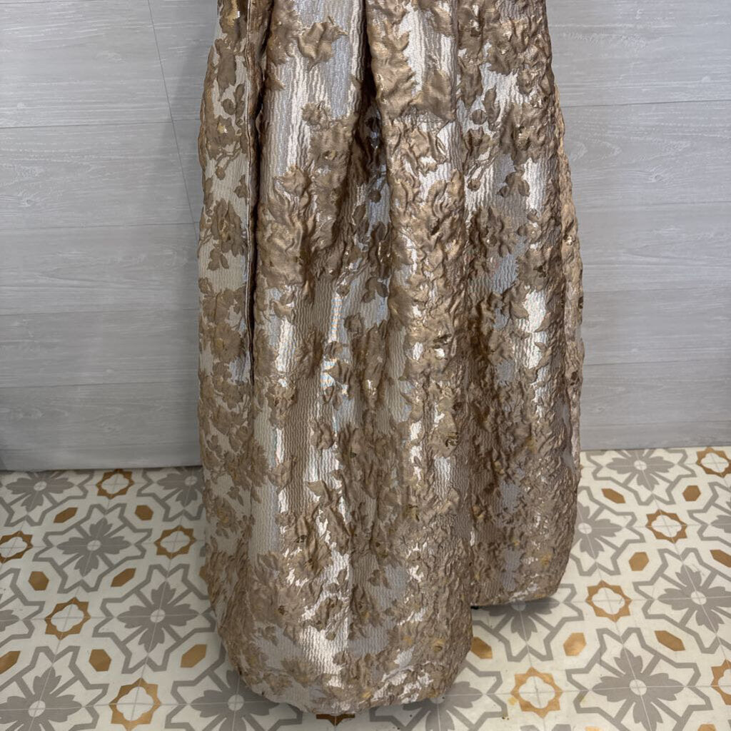 Donna Karan Gold Metallic Floral Print V Neck A Line Long Formal Dress 8