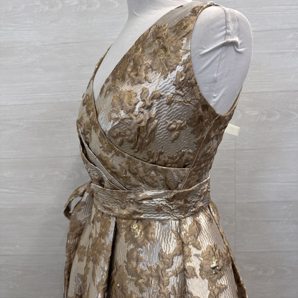 Donna Karan Gold Metallic Floral Print V Neck A Line Long Formal Dress 8