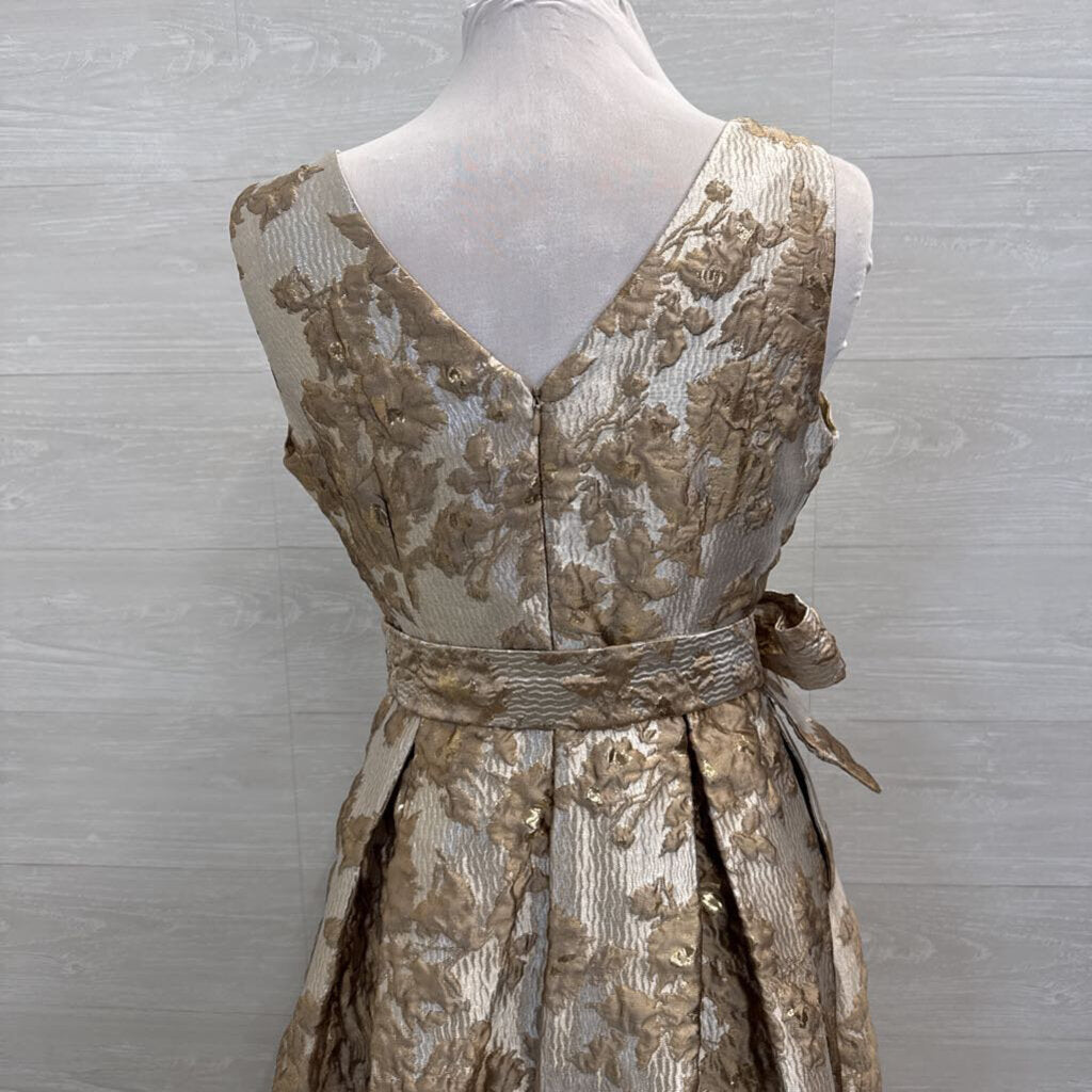 Donna Karan Gold Metallic Floral Print V Neck A Line Long Formal Dress 8