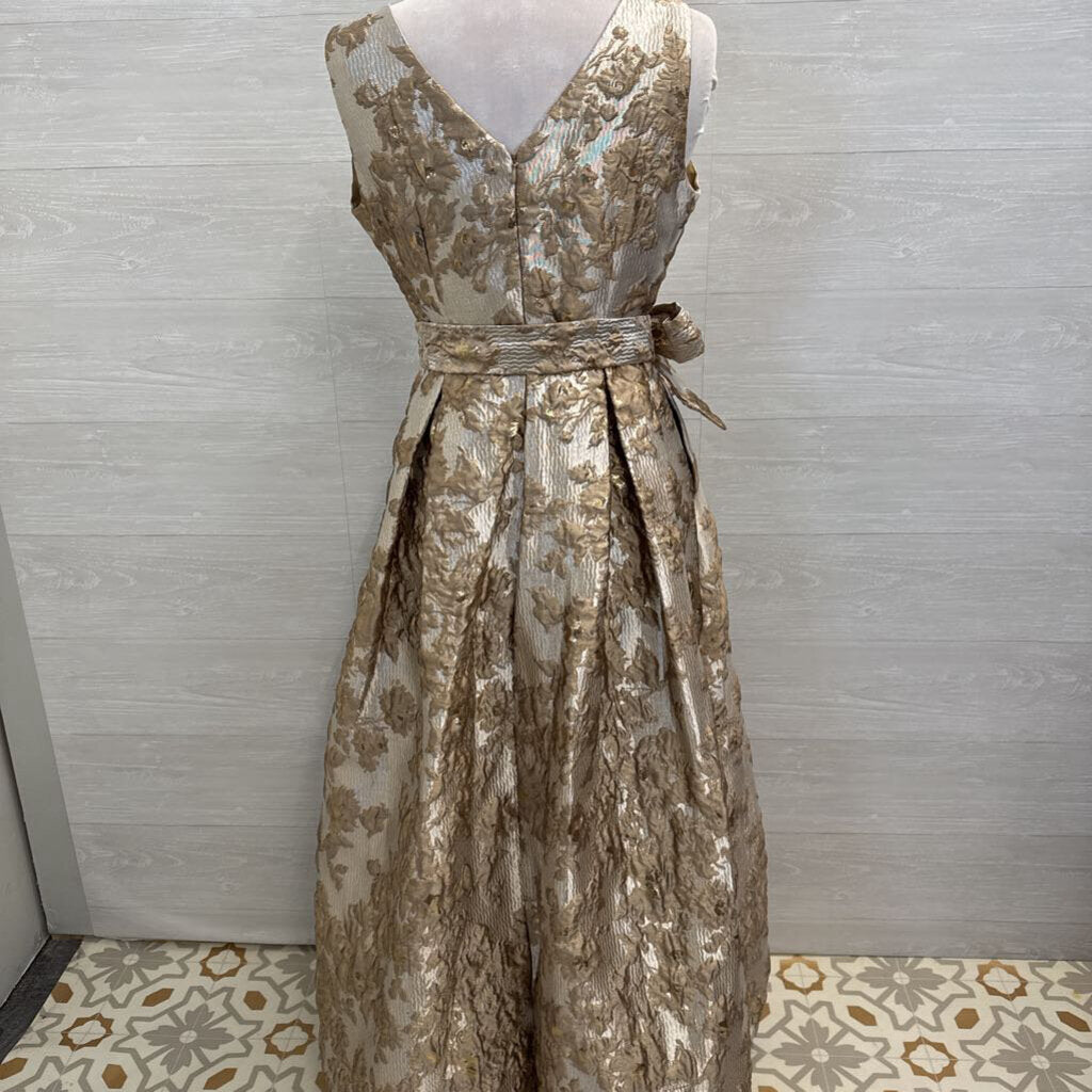 Donna Karan Gold Metallic Floral Print V Neck A Line Long Formal Dress 8