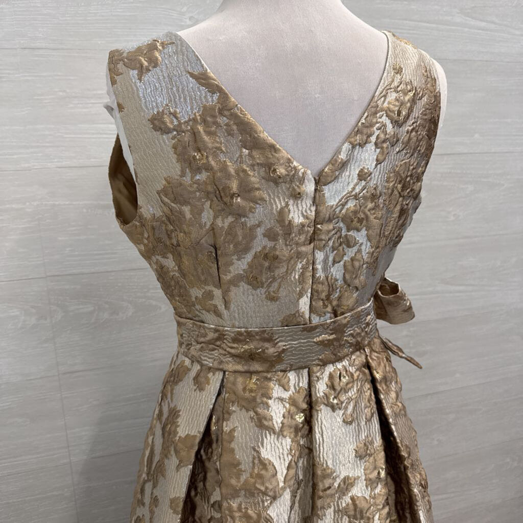 Donna Karan Gold Metallic Floral Print V Neck A Line Long Formal Dress 8
