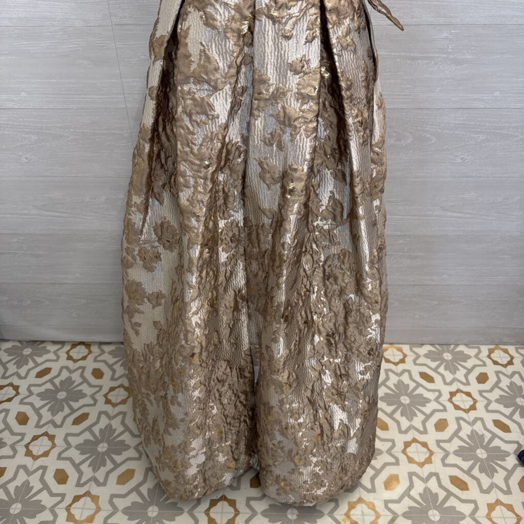 Donna Karan Gold Metallic Floral Print V Neck A Line Long Formal Dress 8