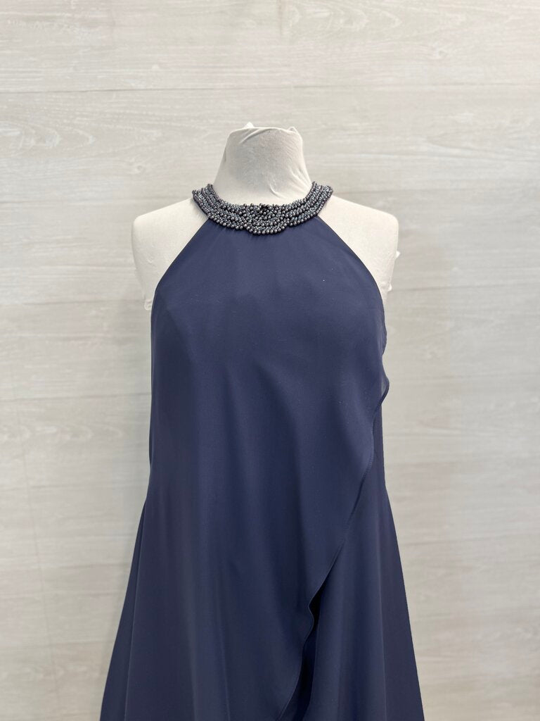 JJs House Blue Beaded Neckline Layered Midi Formal Dress Medium