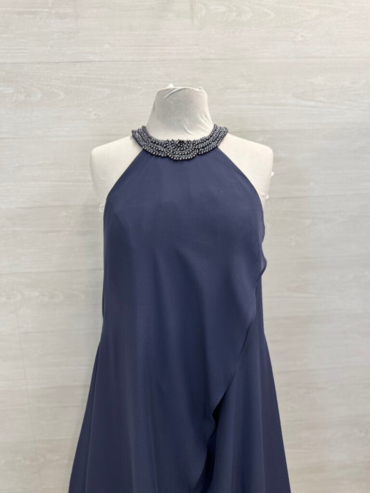 JJs House Blue Beaded Neckline Layered Midi Formal Dress Medium