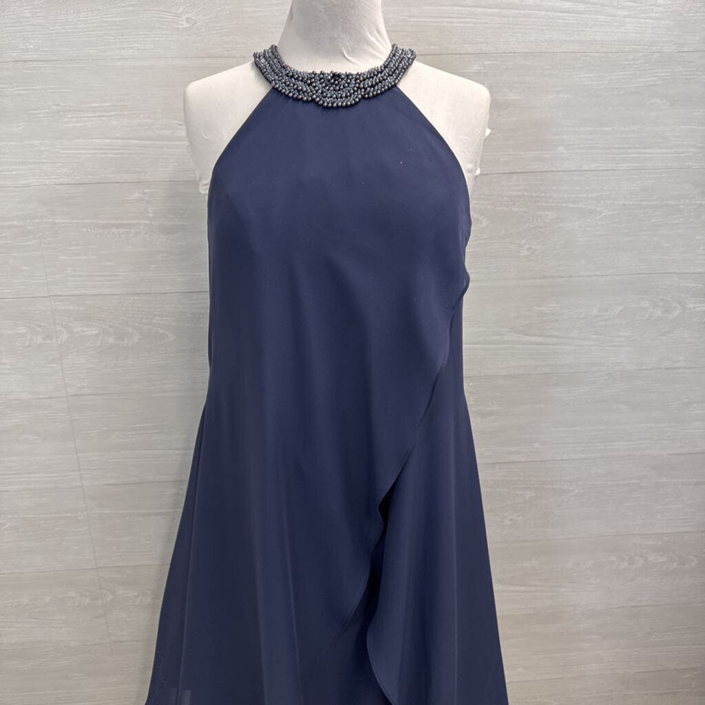 JJs House Blue Beaded Neckline Layered Midi Formal Dress Medium