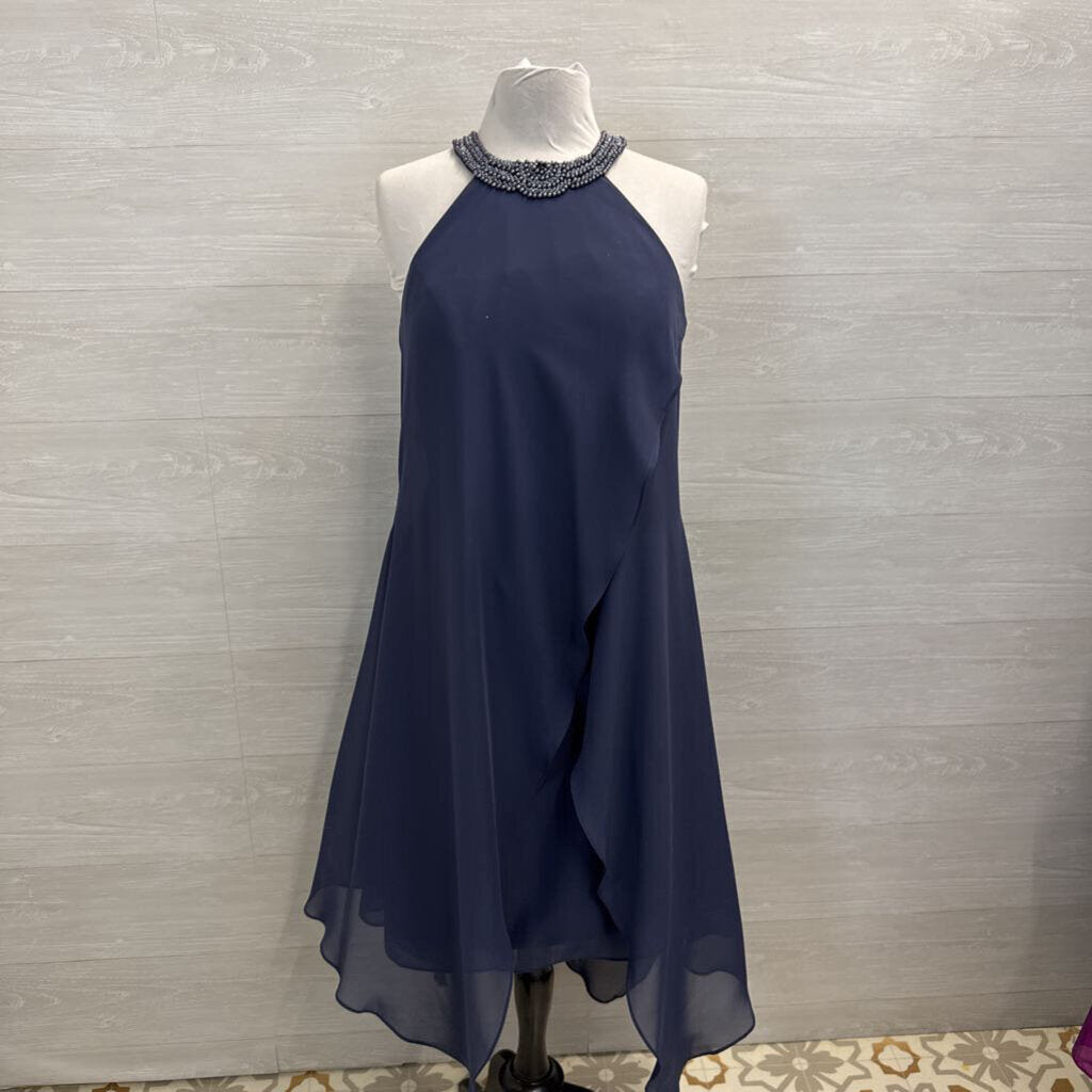 JJs House Blue Beaded Neckline Layered Midi Formal Dress Medium