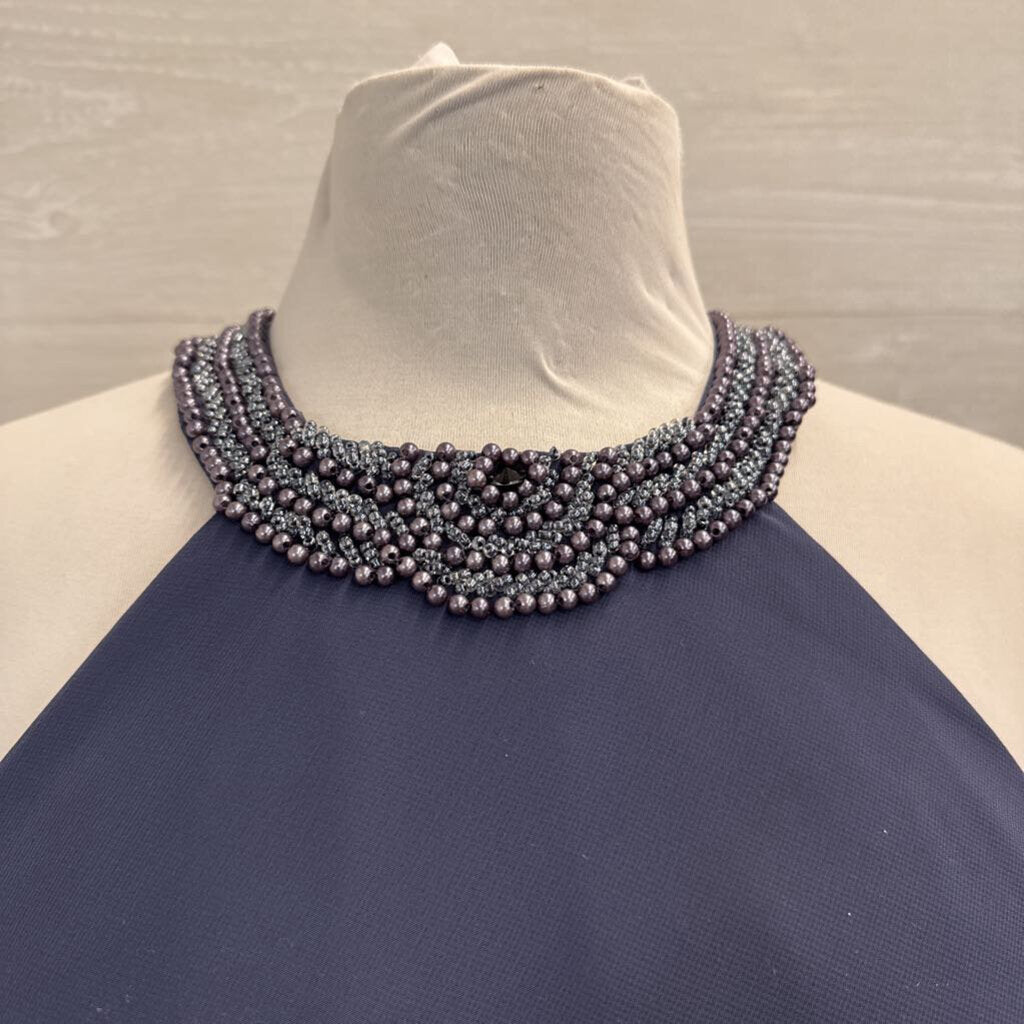 JJs House Blue Beaded Neckline Layered Midi Formal Dress Medium