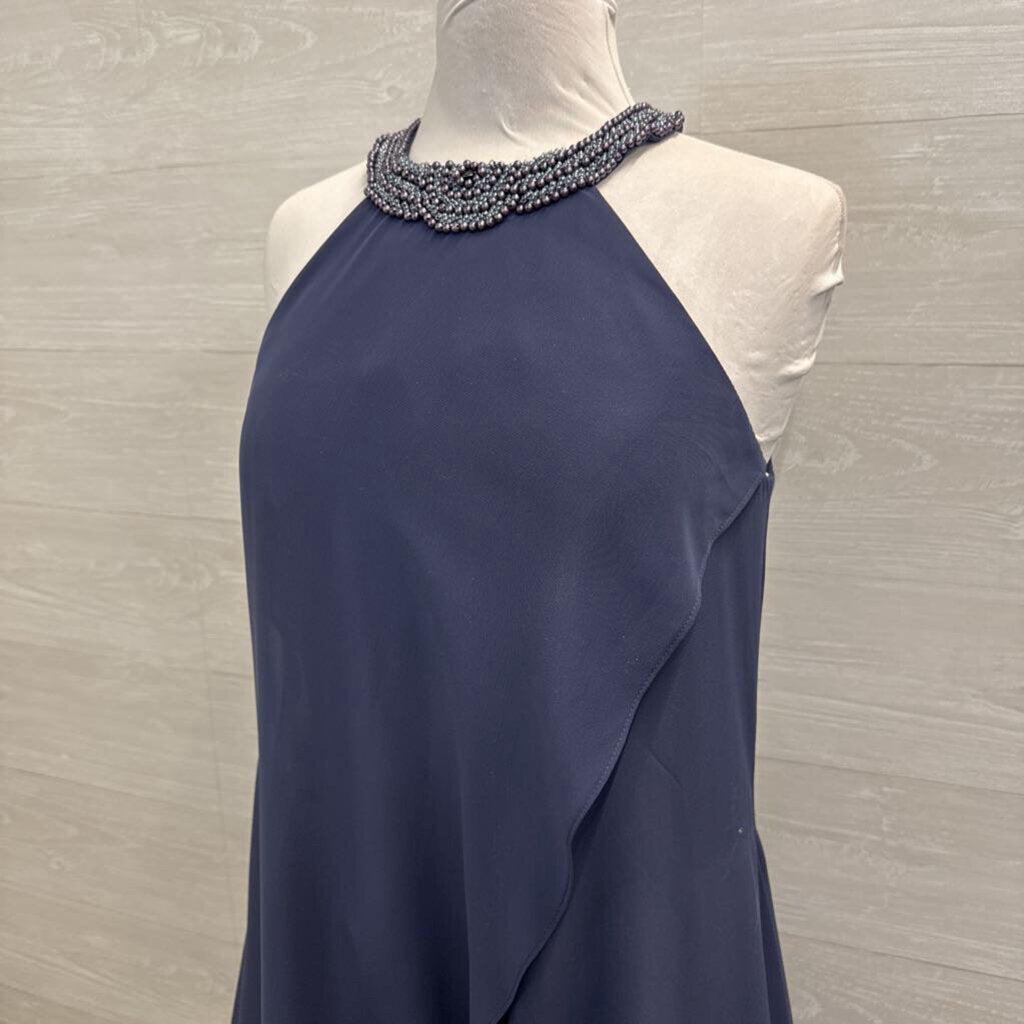 JJs House Blue Beaded Neckline Layered Midi Formal Dress Medium