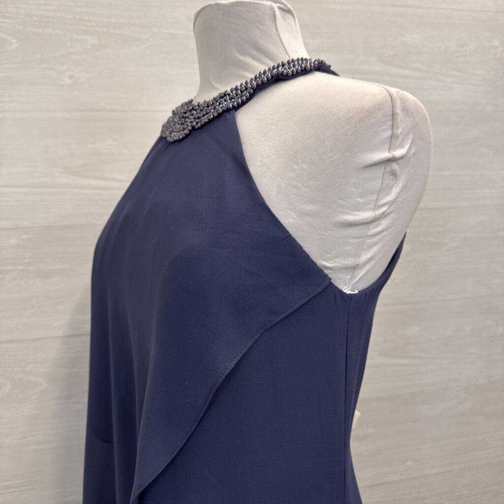 JJs House Blue Beaded Neckline Layered Midi Formal Dress Medium