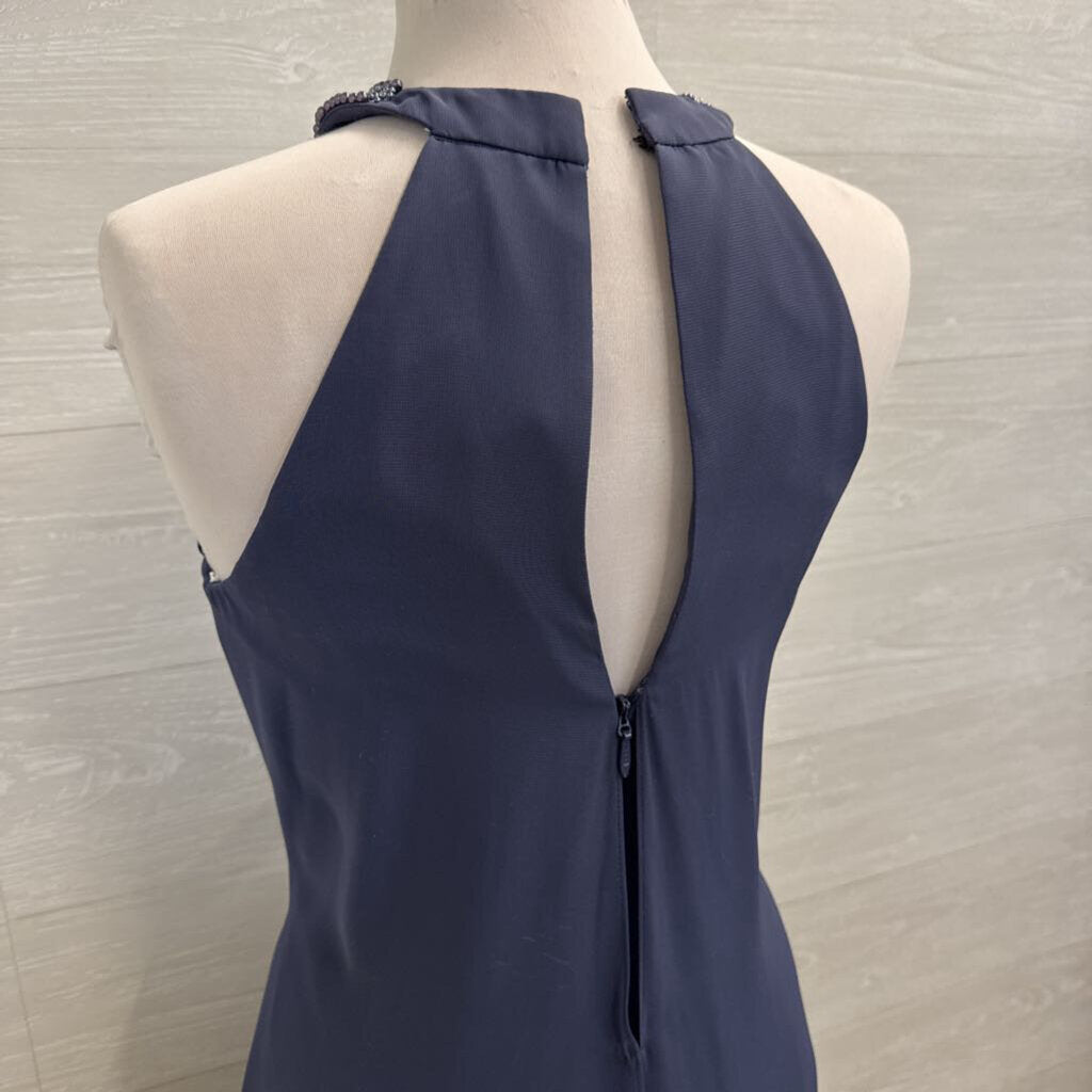 JJs House Blue Beaded Neckline Layered Midi Formal Dress Medium