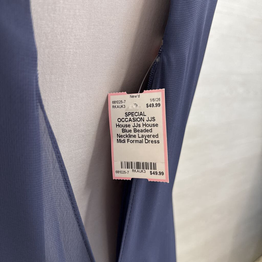 JJs House Blue Beaded Neckline Layered Midi Formal Dress Medium