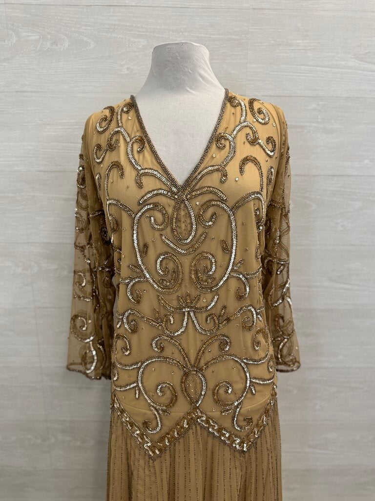 Midnight Velvet Beige Sequin Beaded Long Sleeve Long Formal Dress 20W