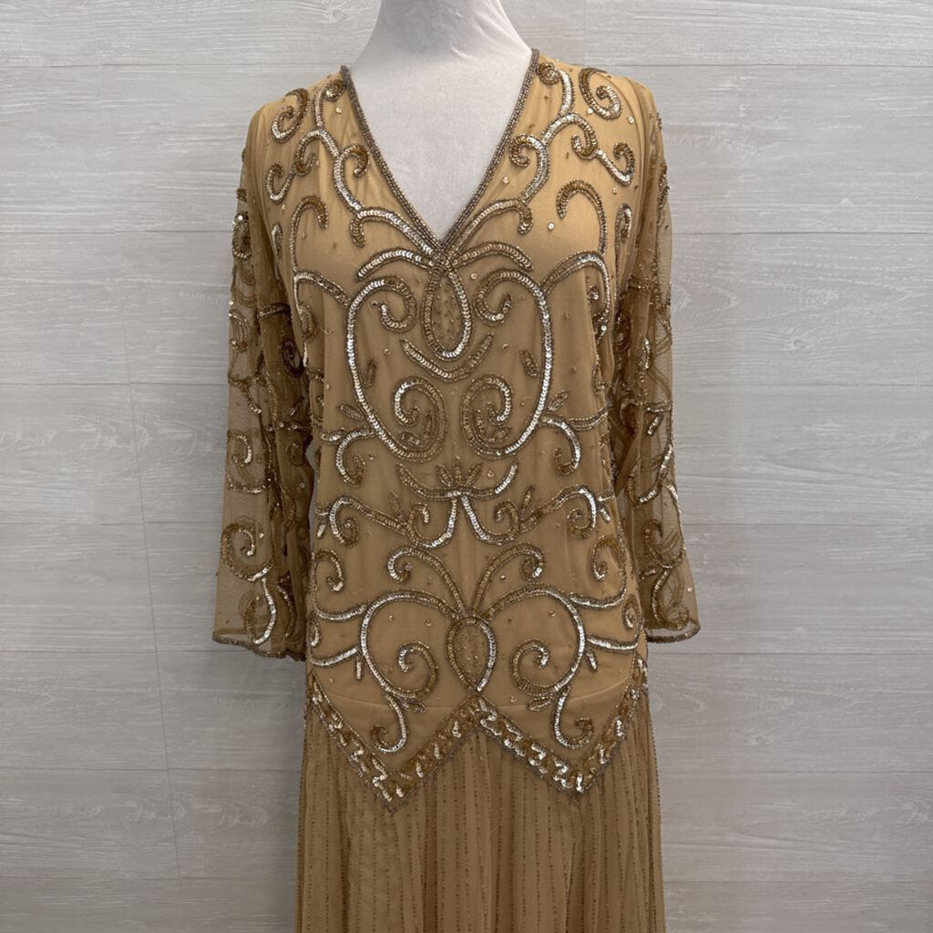 Midnight Velvet Beige Sequin Beaded Long Sleeve Long Formal Dress 20W