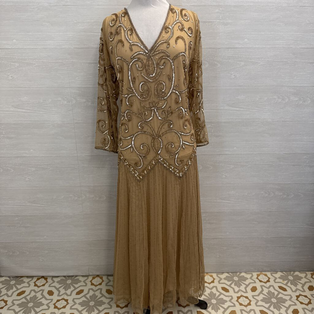 Midnight Velvet Beige Sequin Beaded Long Sleeve Long Formal Dress 20W