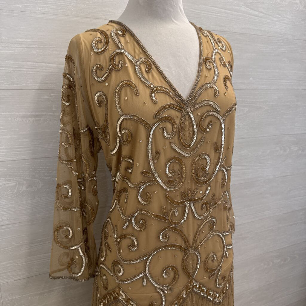 Midnight Velvet Beige Sequin Beaded Long Sleeve Long Formal Dress 20W