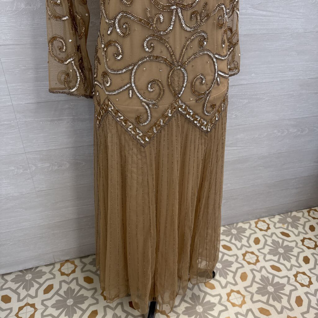 Midnight Velvet Beige Sequin Beaded Long Sleeve Long Formal Dress 20W