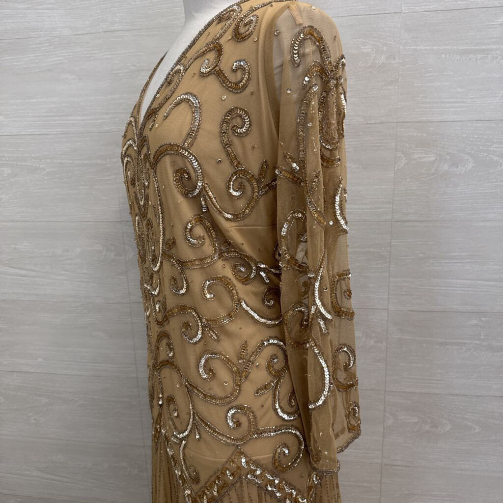 Midnight Velvet Beige Sequin Beaded Long Sleeve Long Formal Dress 20W
