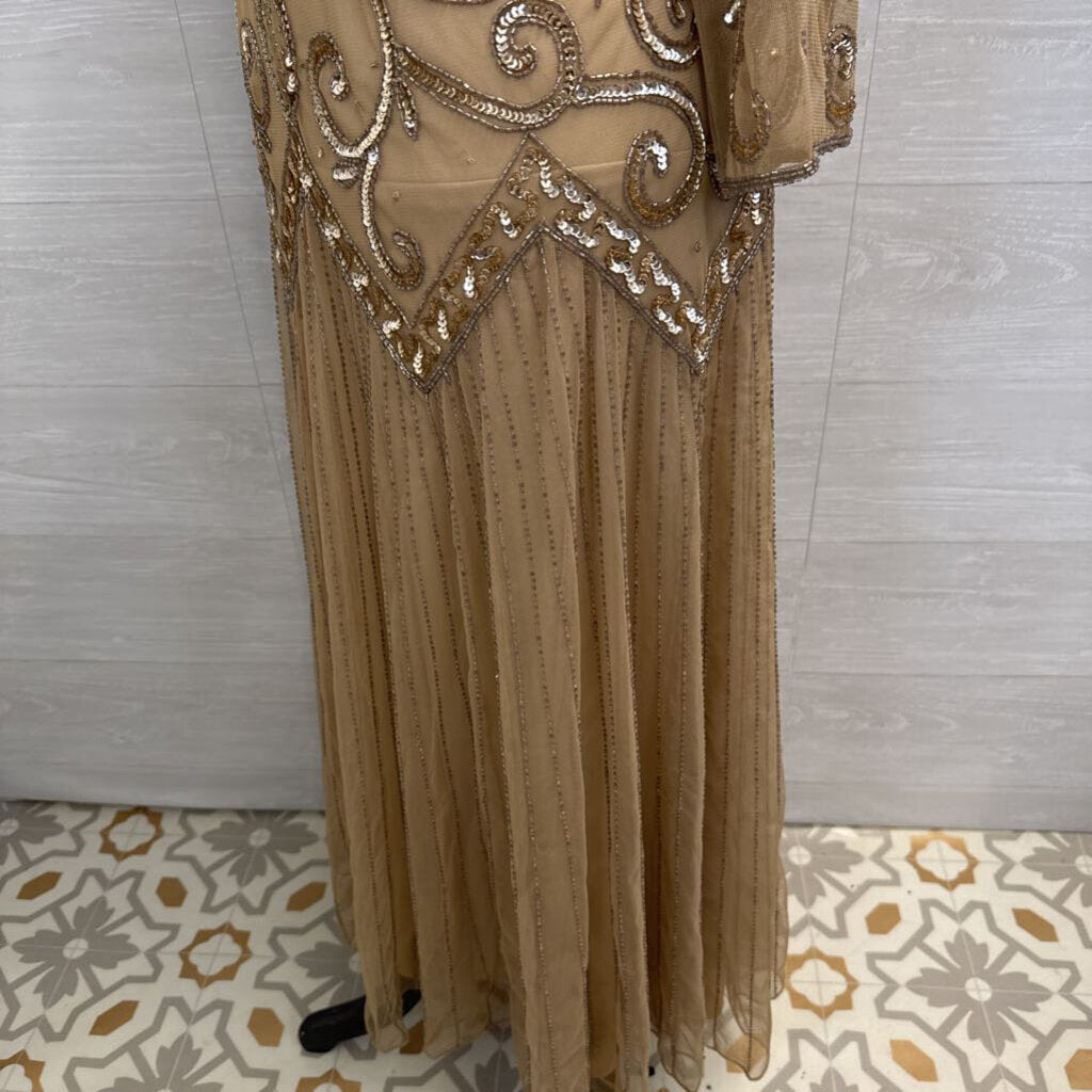Midnight Velvet Beige Sequin Beaded Long Sleeve Long Formal Dress 20W