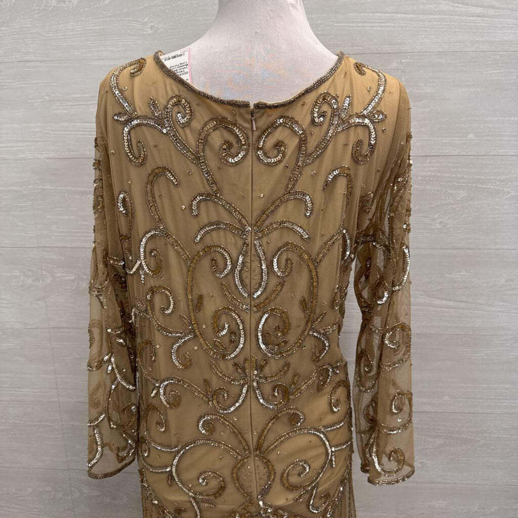 Midnight Velvet Beige Sequin Beaded Long Sleeve Long Formal Dress 20W
