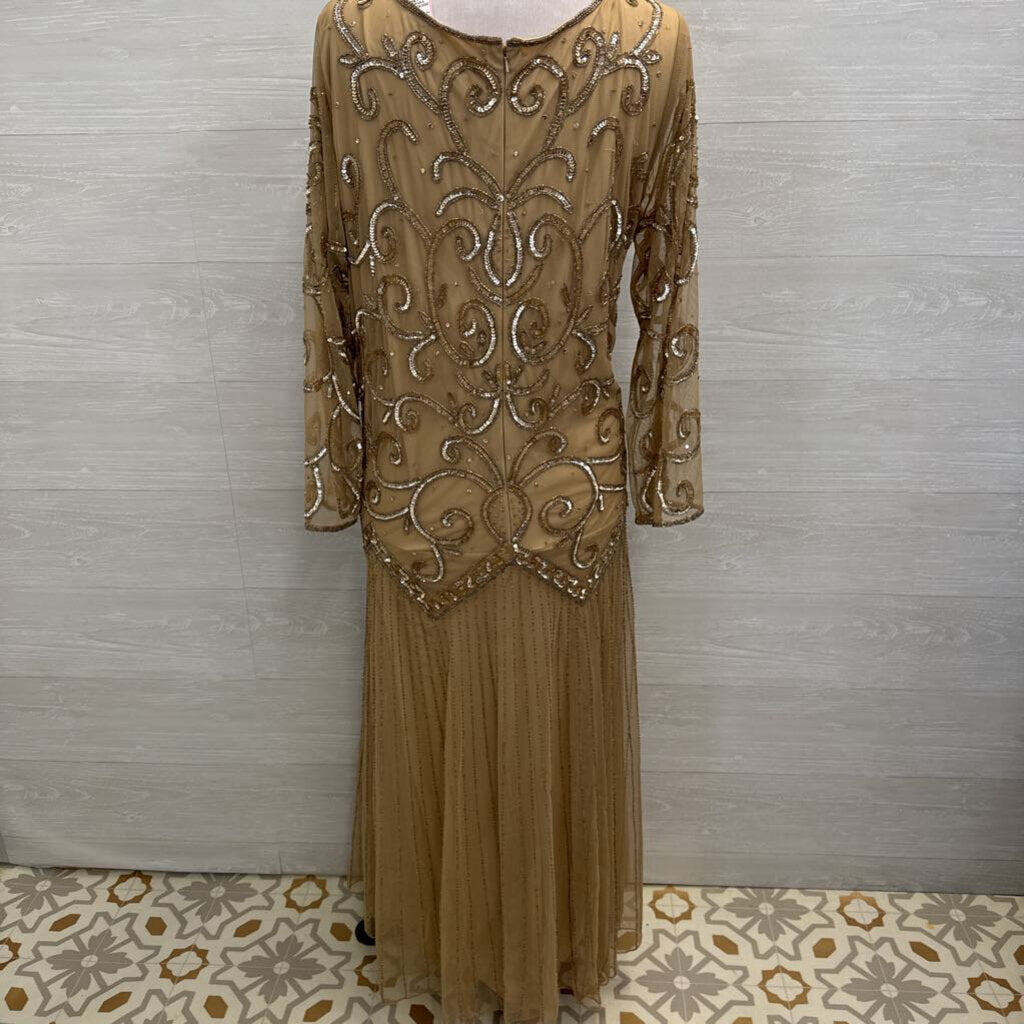 Midnight Velvet Beige Sequin Beaded Long Sleeve Long Formal Dress 20W