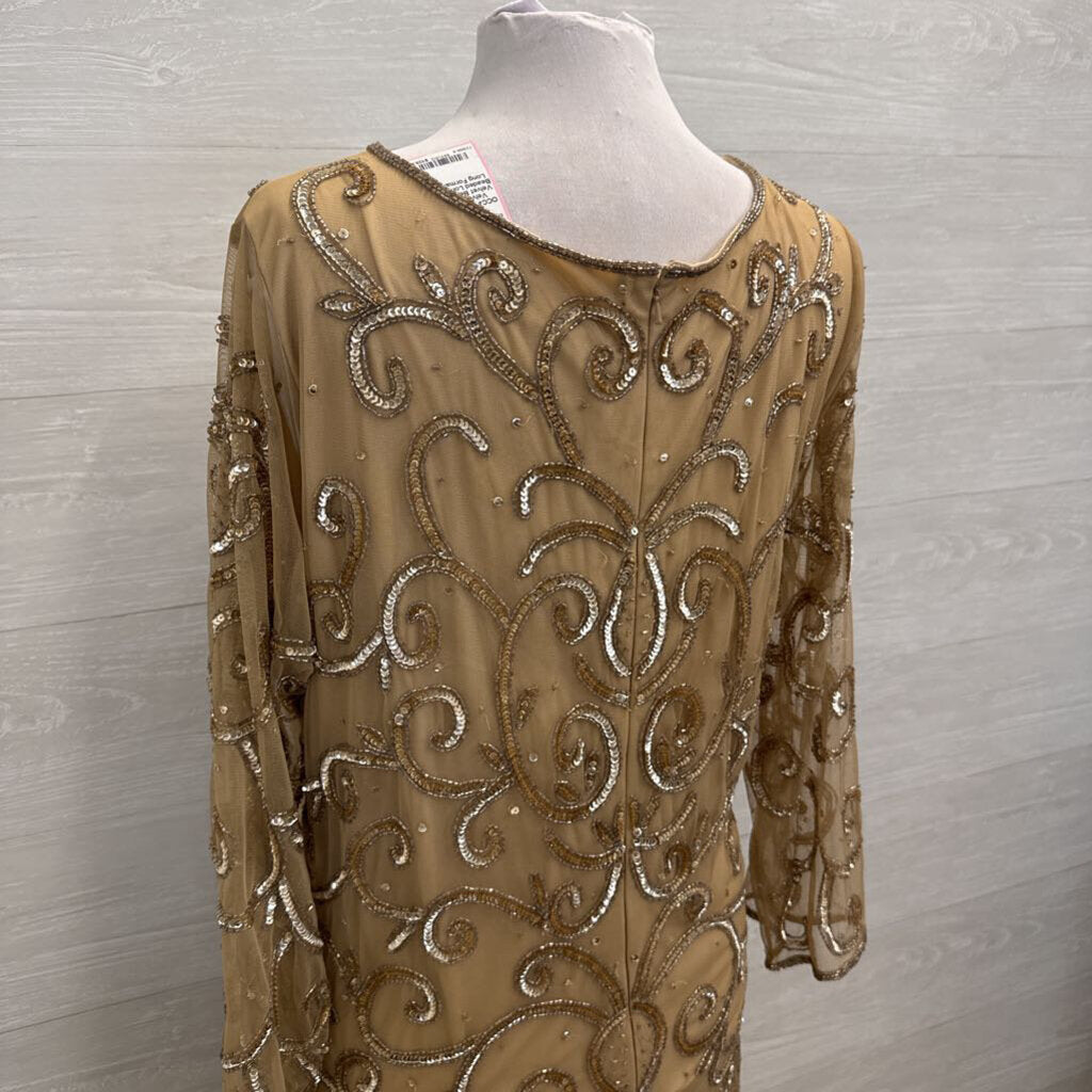 Midnight Velvet Beige Sequin Beaded Long Sleeve Long Formal Dress 20W