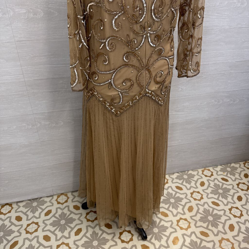 Midnight Velvet Beige Sequin Beaded Long Sleeve Long Formal Dress 20W