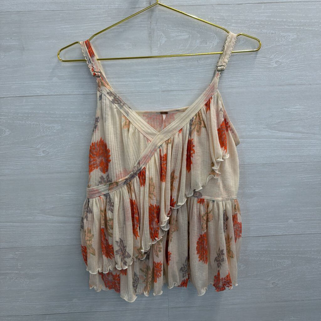 Free People Cream/ Red Floral Print Little Dreams Camisole Tank Top Large