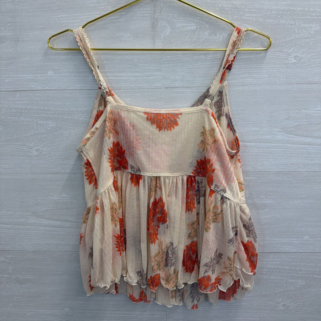 Free People Cream/ Red Floral Print Little Dreams Camisole Tank Top Large
