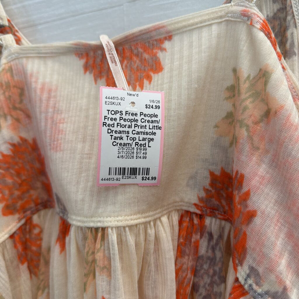 Free People Cream/ Red Floral Print Little Dreams Camisole Tank Top Large