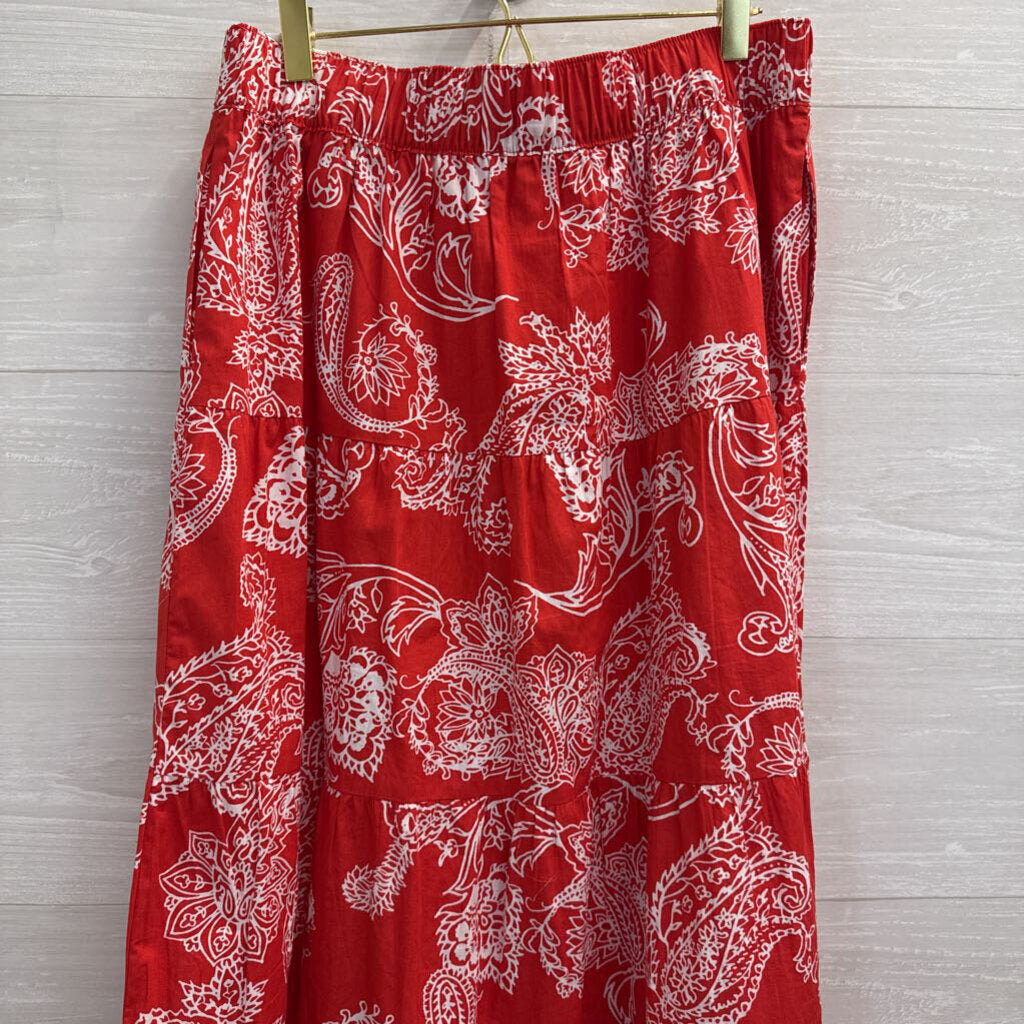Chaps Red/ White Print Midi Skirt Medium