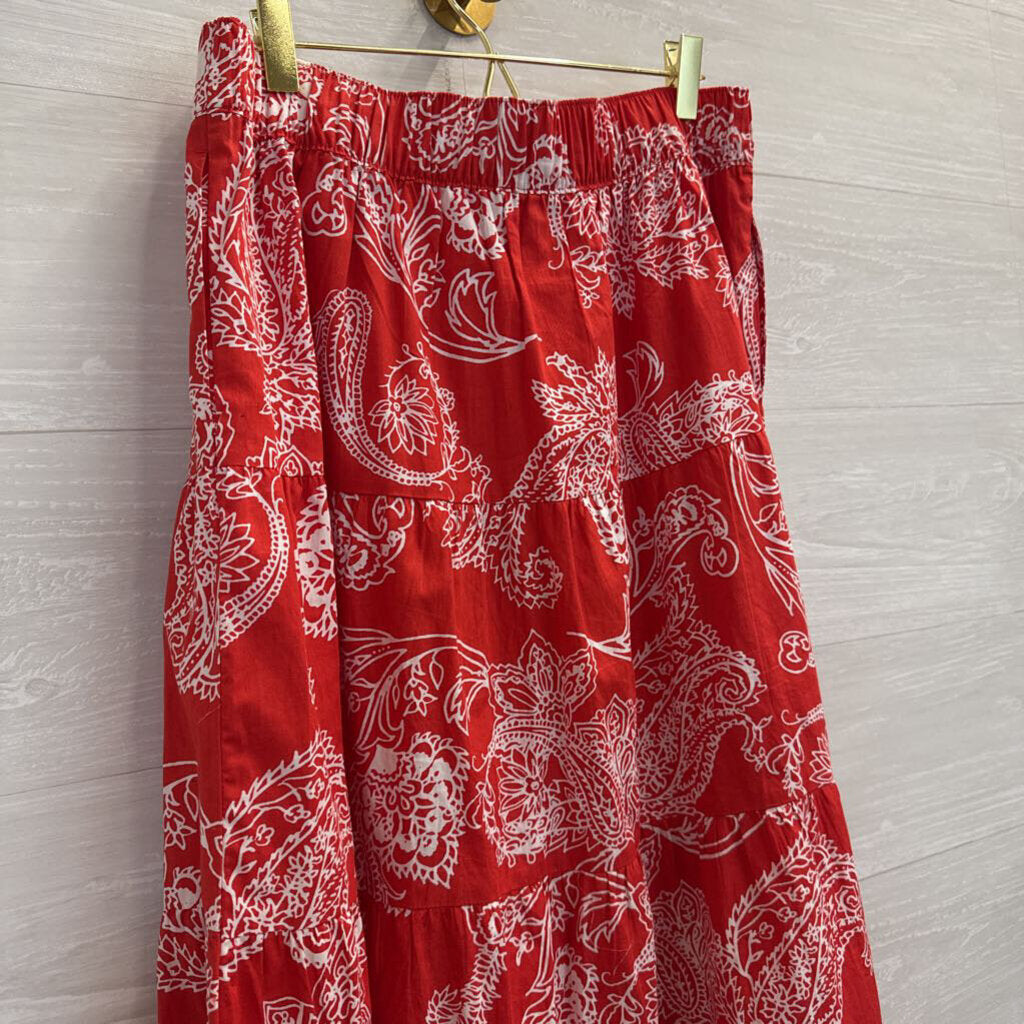 Chaps Red/ White Print Midi Skirt Medium