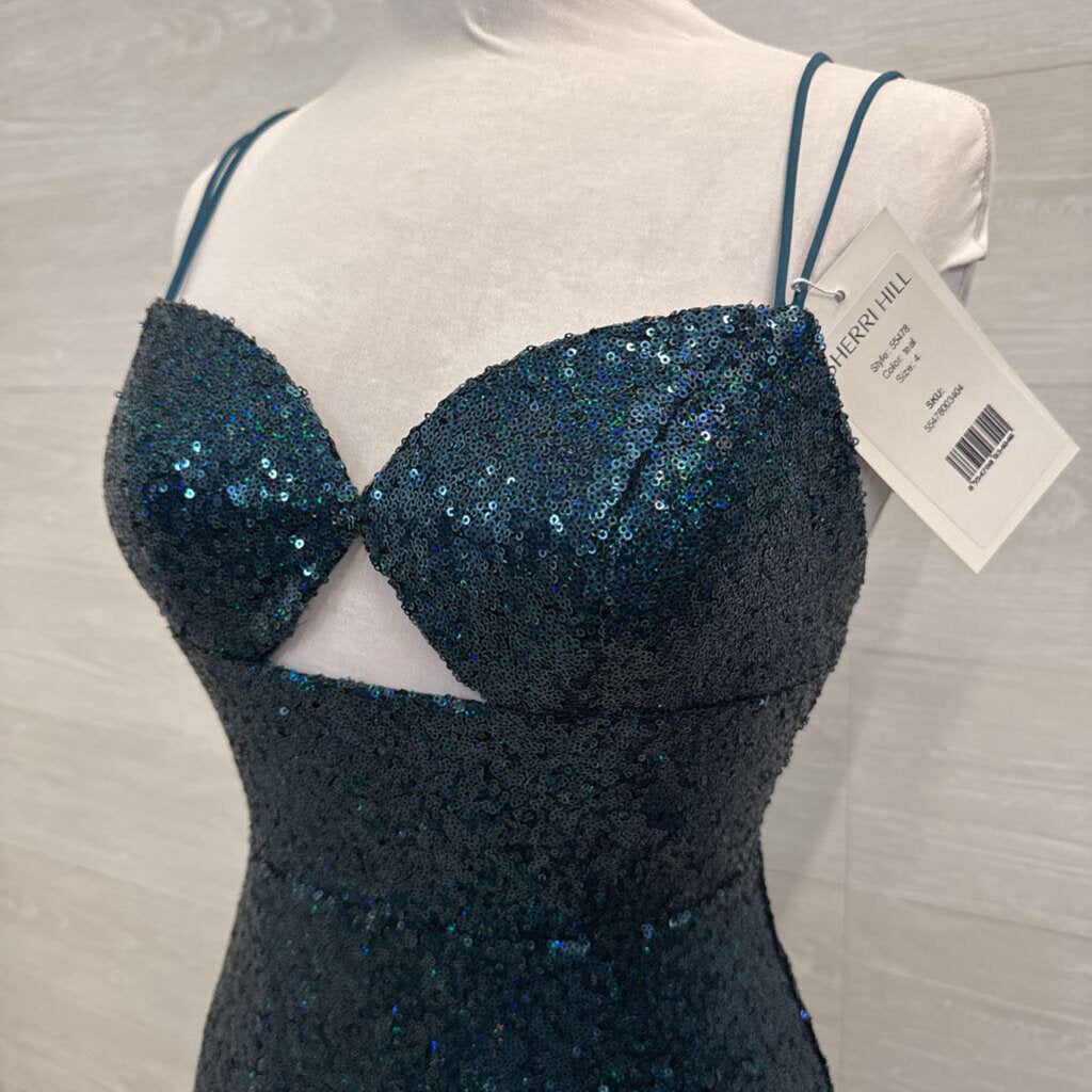 Sherri Hill Blue Iridescent Full Sequin Long Formal Dress 4