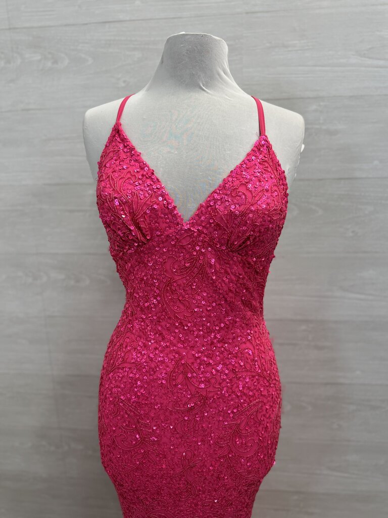 Aleta Hot Pink Full Beaded/ Sequin Long Formal Dress 00