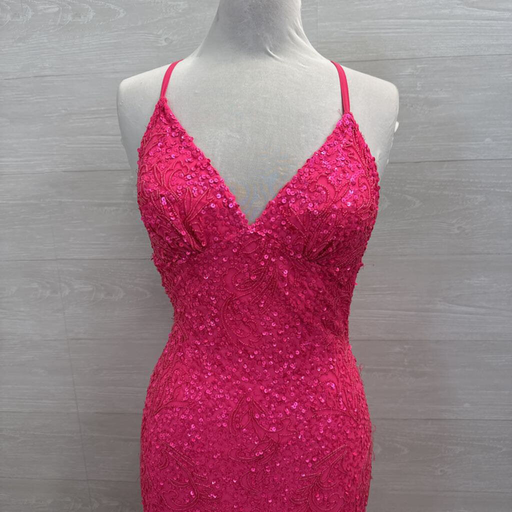 Aleta Hot Pink Full Beaded/ Sequin Long Formal Dress 00