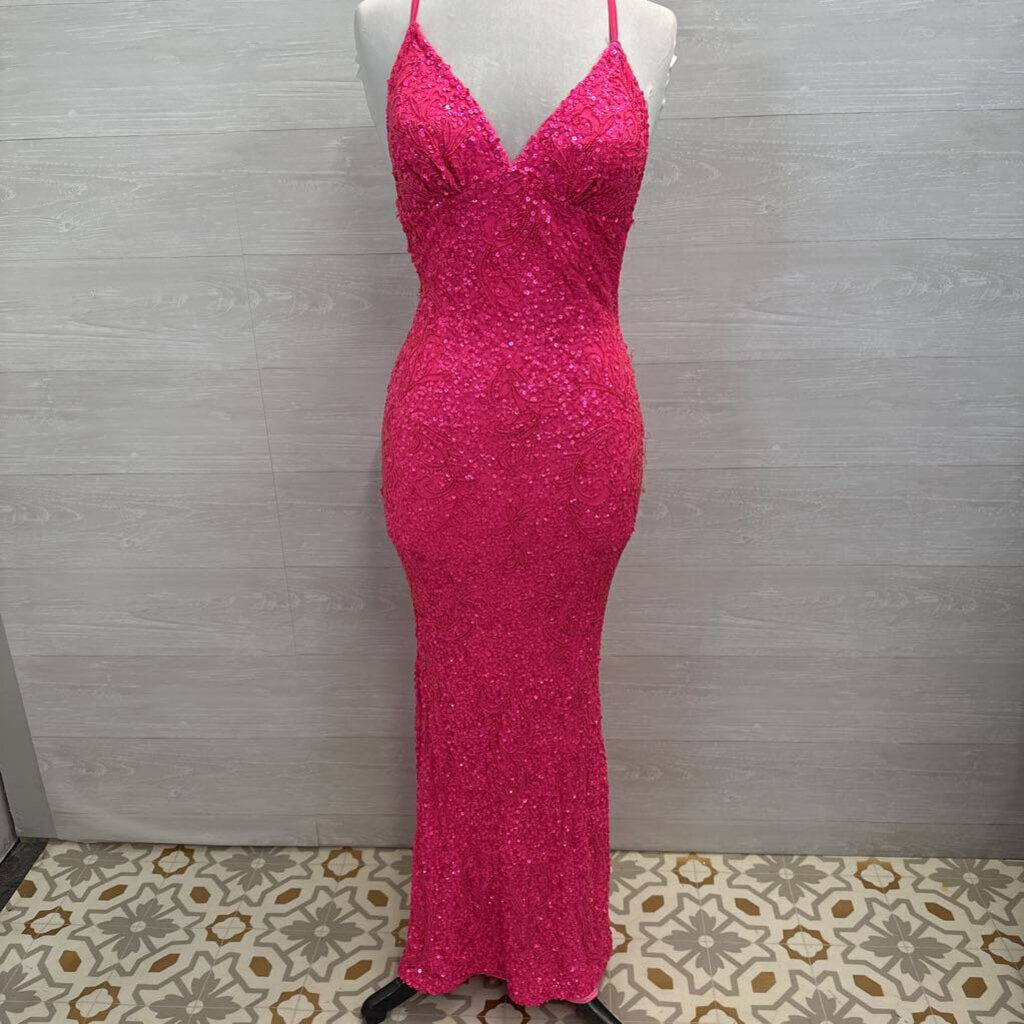 Aleta Hot Pink Full Beaded/ Sequin Long Formal Dress 00