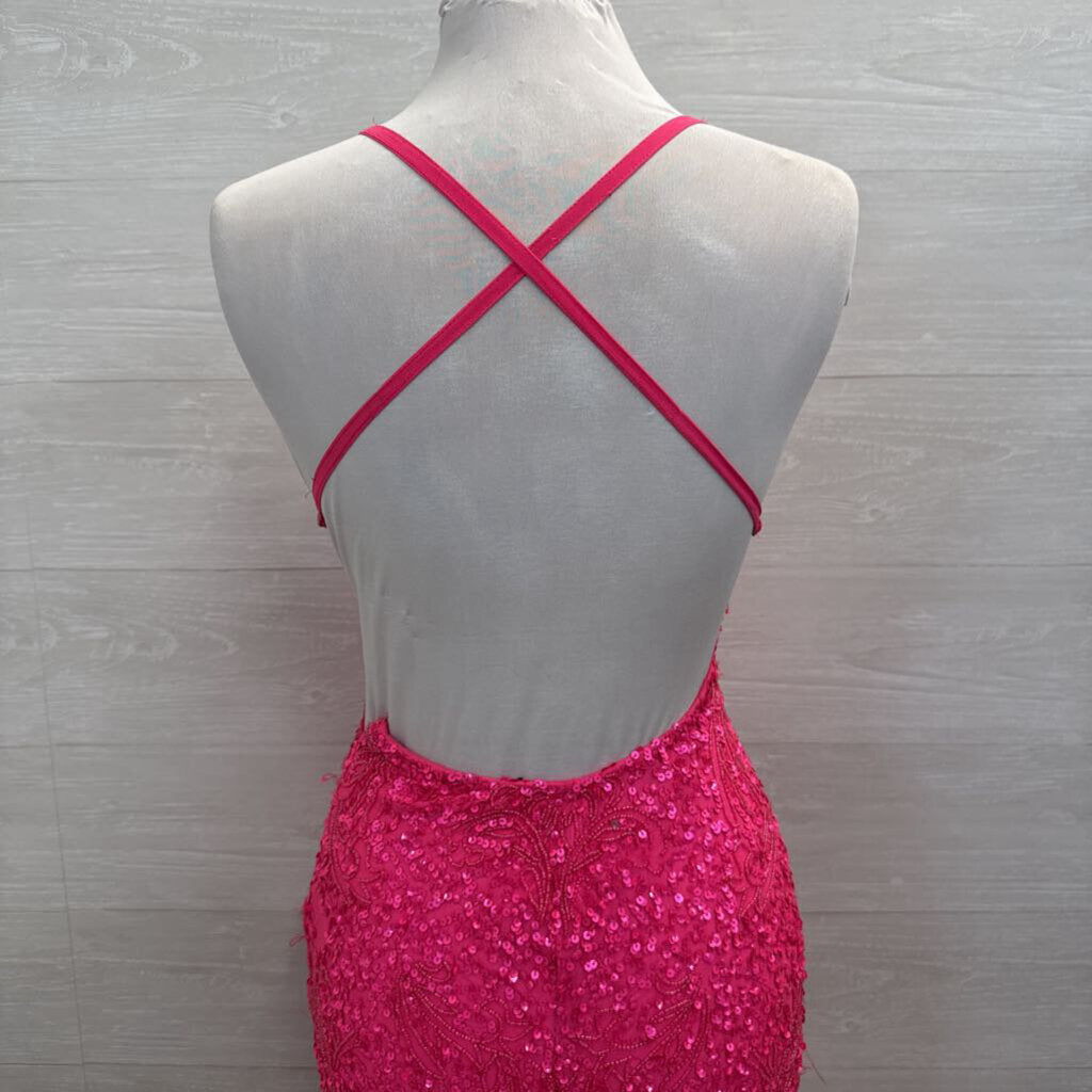Aleta Hot Pink Full Beaded/ Sequin Long Formal Dress 00