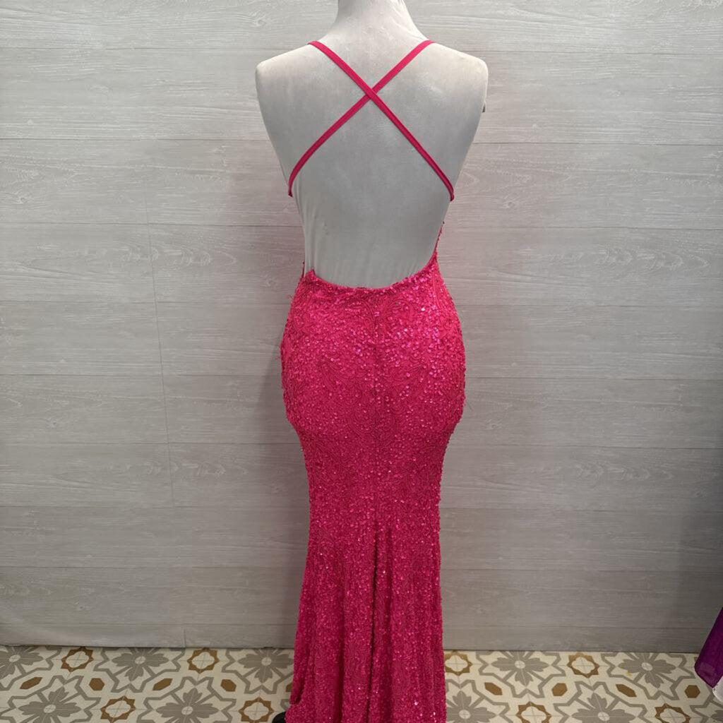 Aleta Hot Pink Full Beaded/ Sequin Long Formal Dress 00