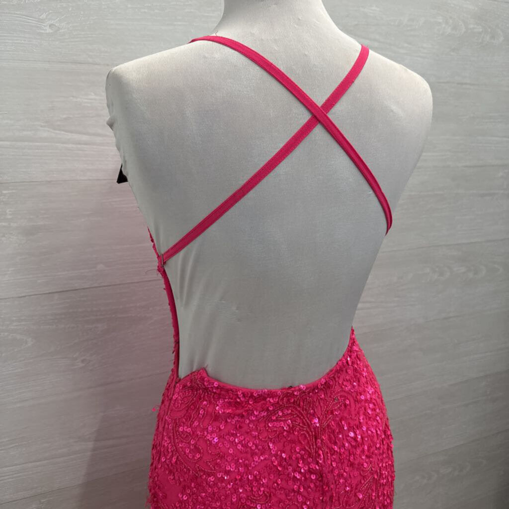 Aleta Hot Pink Full Beaded/ Sequin Long Formal Dress 00