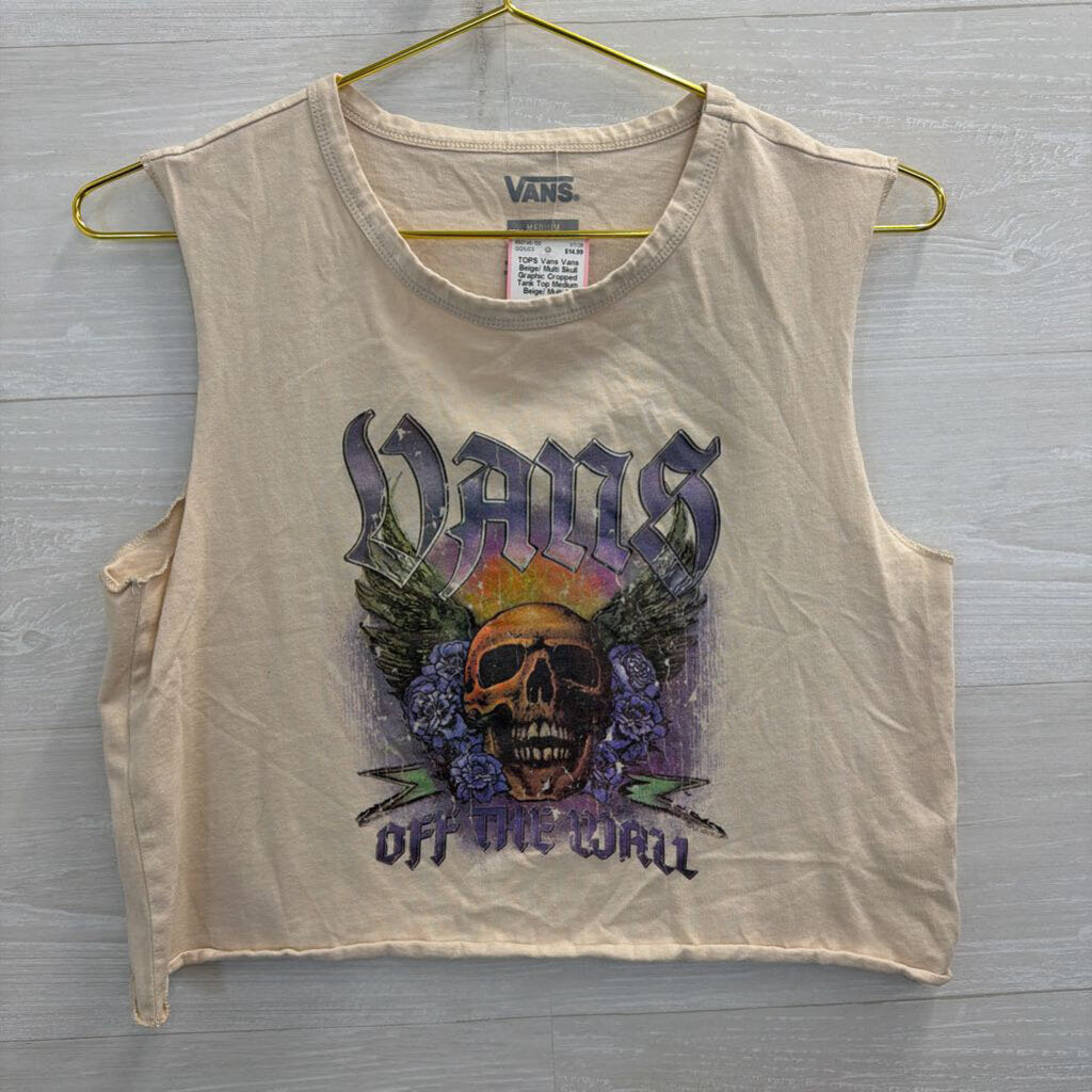 Vans Beige/ Multi Skull Graphic Cropped Tank Top Medium
